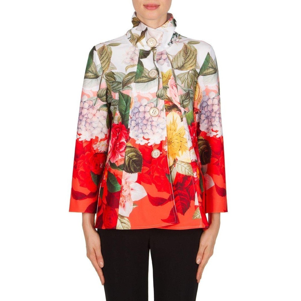 Joseph Ribkoff Floral Swing Blazer Women 12 Red Stand Collar Stretch Style